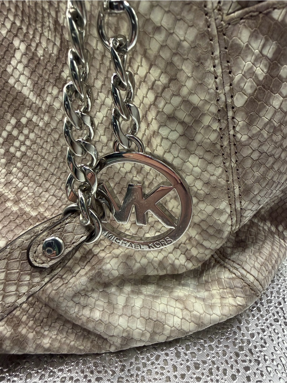 Michael Kors Taupe Snake-Print Shoulder Bag with Chain Straps - Picture 3 of 7